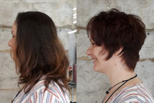Relooking visage réalisé par Amandine Terrade. Nouvelle coiffure adaptée à son visage pour la cliente .