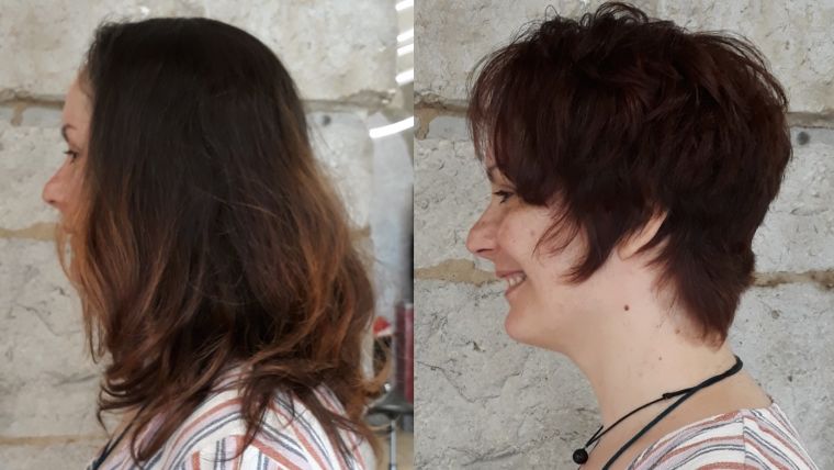 Relooking visage réalisé par Amandine Terrade. Nouvelle coiffure adaptée à son visage pour la cliente .